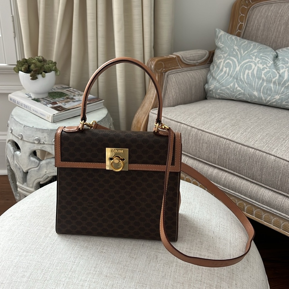 Celine Brown Satchel with Monogram Pattern and Gold Clasp